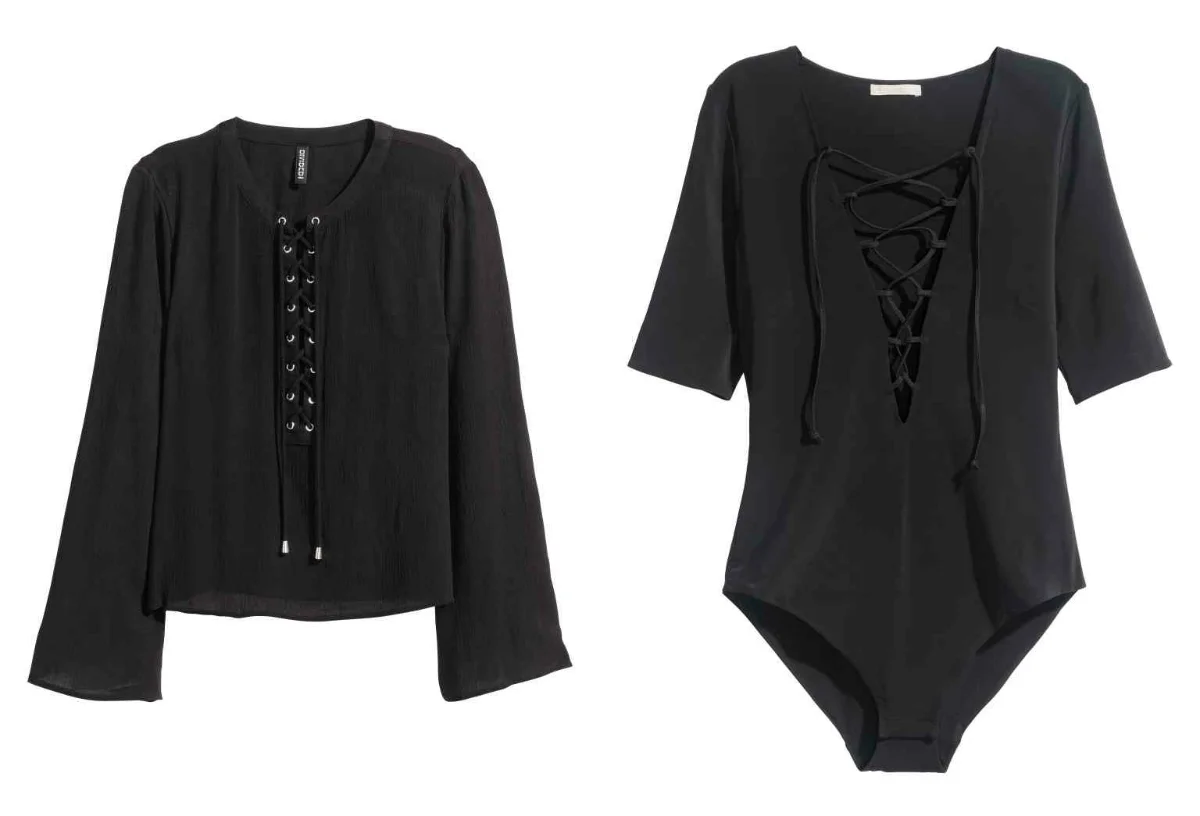 Czarne body z szyfonu - H&M 129,90 zł, luźna sznurowana bluzka - H&M 69,90 zł
