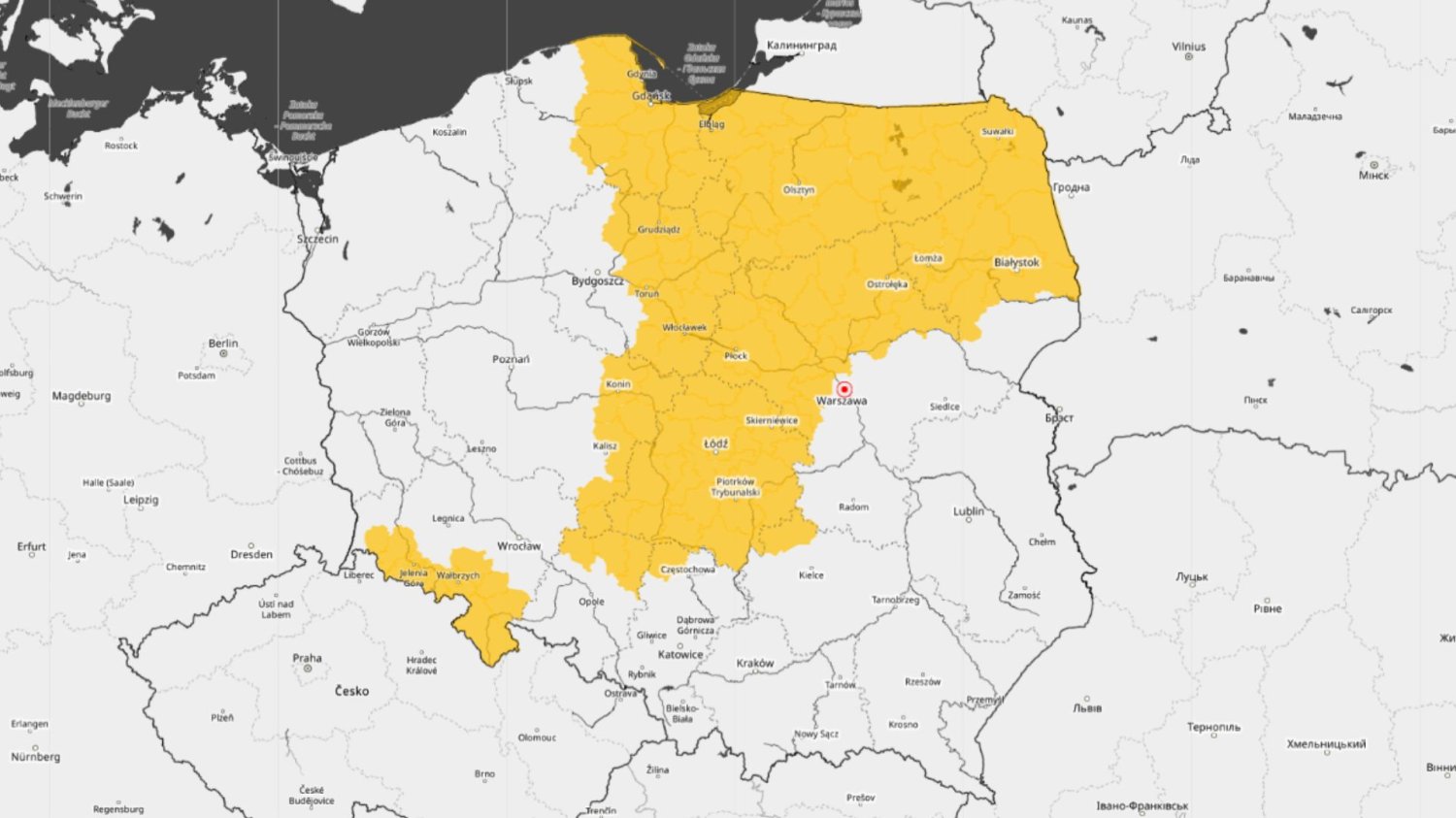 Mapa Polski z ostrzeżeniami IMGW.