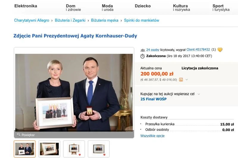 Zdjęcie przekazane przez Agatę Kornhauser-Dudę wylicytowano za 200 000 zł