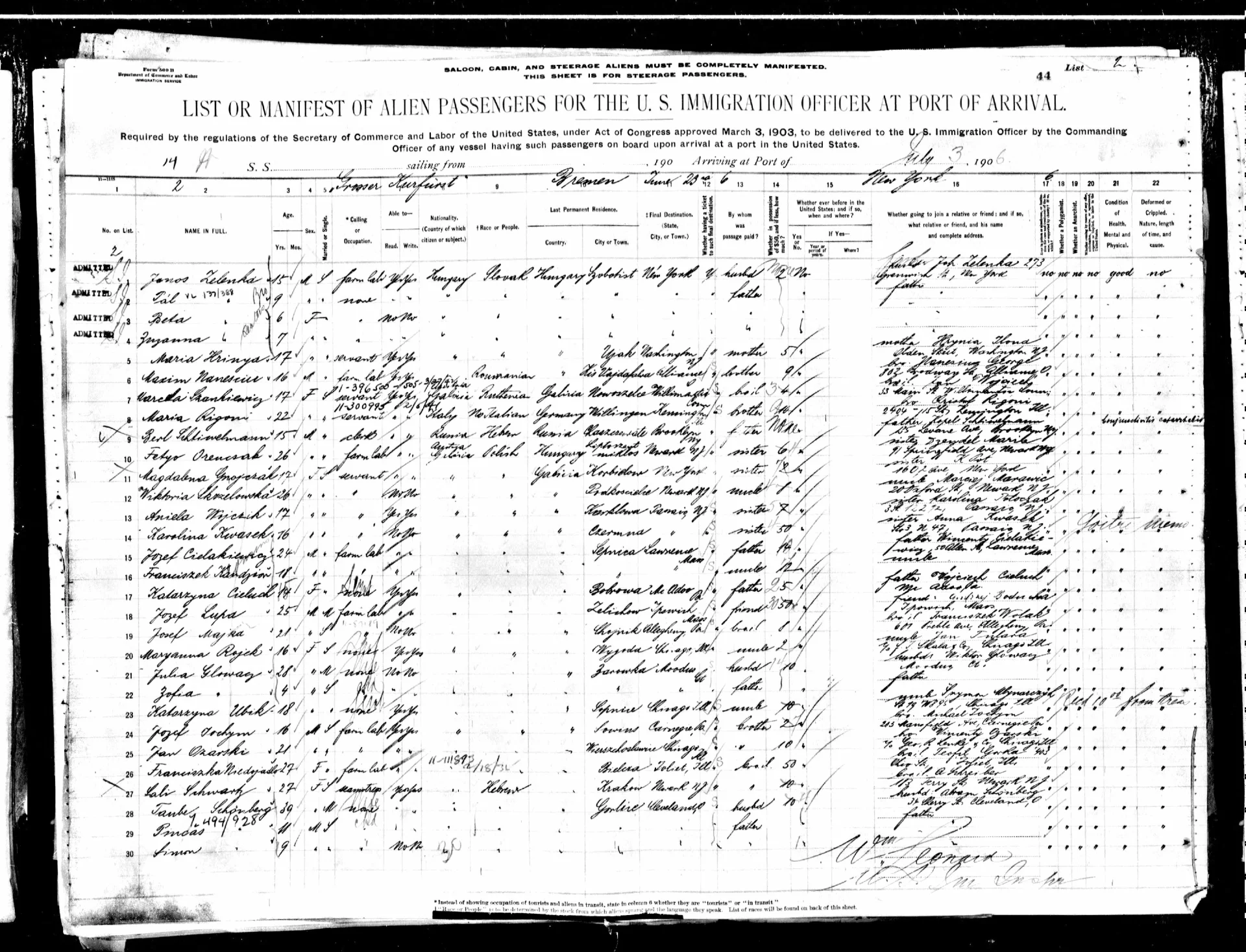 Spis pasażerów statku Grosser Kurfürst z 1906 r., którzy wypłynęli z Bremy do Nowego Jorku