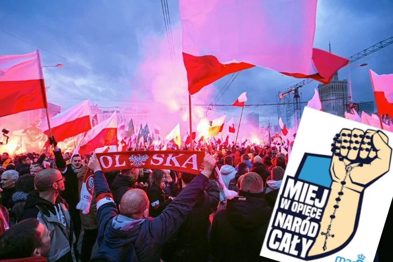 W 2019 r. logo Marszu Niepodległości przedstawia różaniec i zaciśniętą pięść.