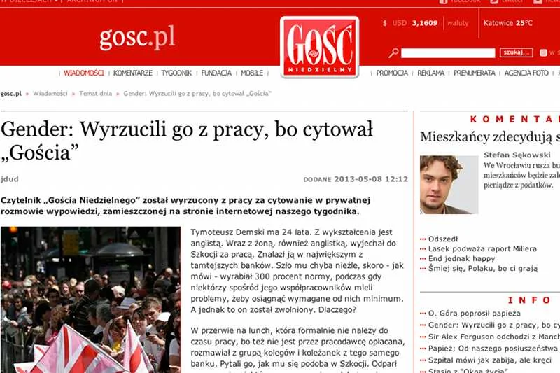 Polaka wyrzucono z pracy, bo cytował "Gościa Niedzielnego"? Tak przynajmniej twierdzi tygodnik