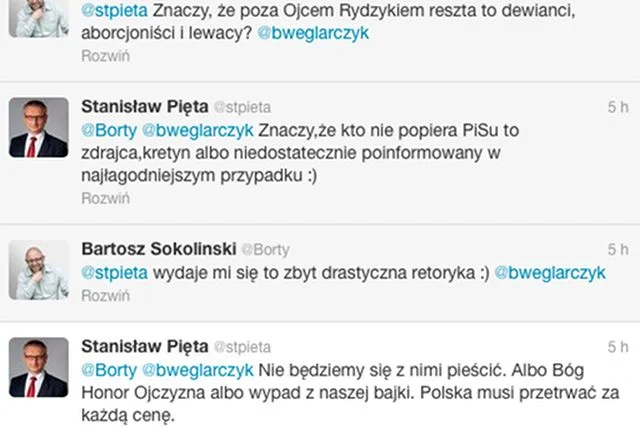 Kontrowersyjny wpis, jaki Stanisław Pięta umieścił na Twitterze, przekonuje, że "kto nie popiera PiS-u to zdrajca,kretyn albo niedostatecznie poinformowany w najłagodniejszym przypadku"