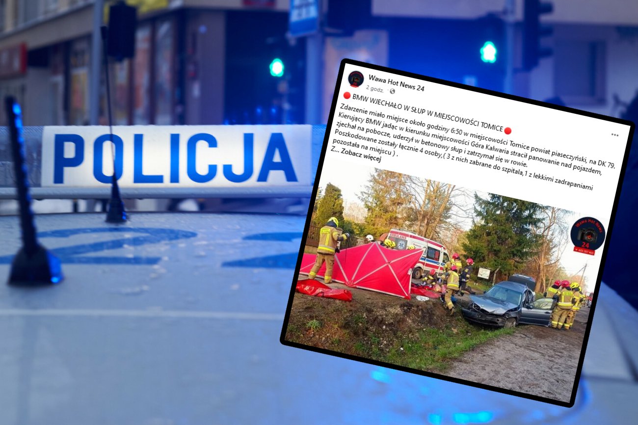 Wypadek BMW pod Piasecznem. Pijany kierowca uderzył w betonowy słup