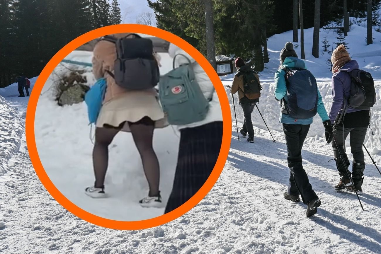 Turystka w spódnicy i tenisówkach nad Morskim Okiem