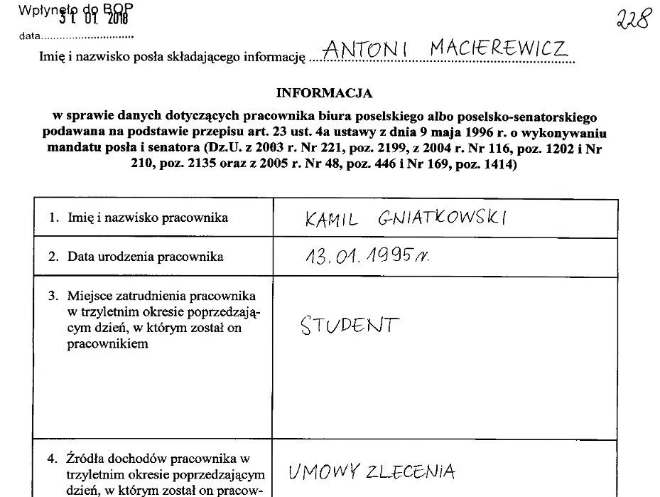 Gniatkowski zatrudniony jest w biurze poselskim Antoniego Macierewicza na podstawie umowy zlecenia.