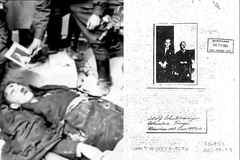 Na zdjęciu z lewej martwy sobowtór Hitlera, Gustav Weler, którego zwłoki znaleźli Rosjanie w Berlinie. Po prawej fotograﬁa z 1954 r. mająca przedstawiać Hitlera w towarzystwie nieznanego mężczyzny, przesłana przez rezydenturę CIA w Bogocie do centrali