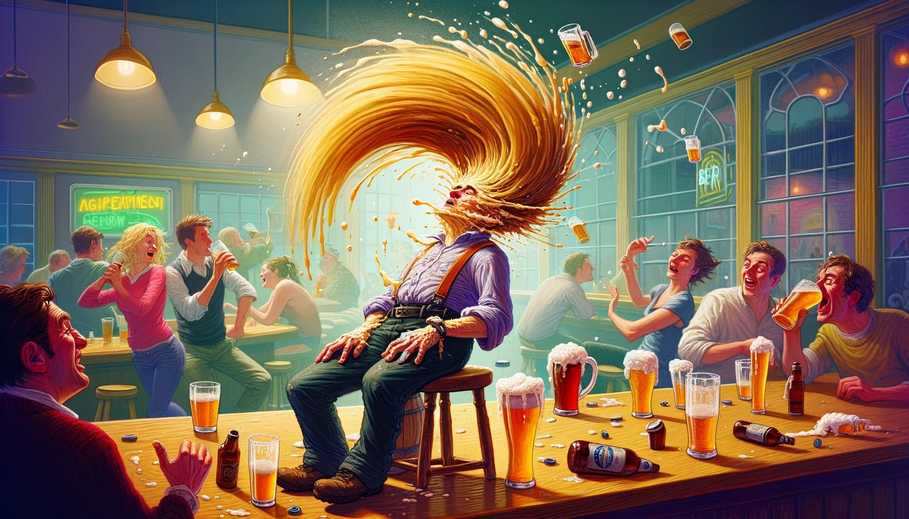 Chat GPT pokazał, jak z głowy bohatera ilustracji wypływa fala piwa. 