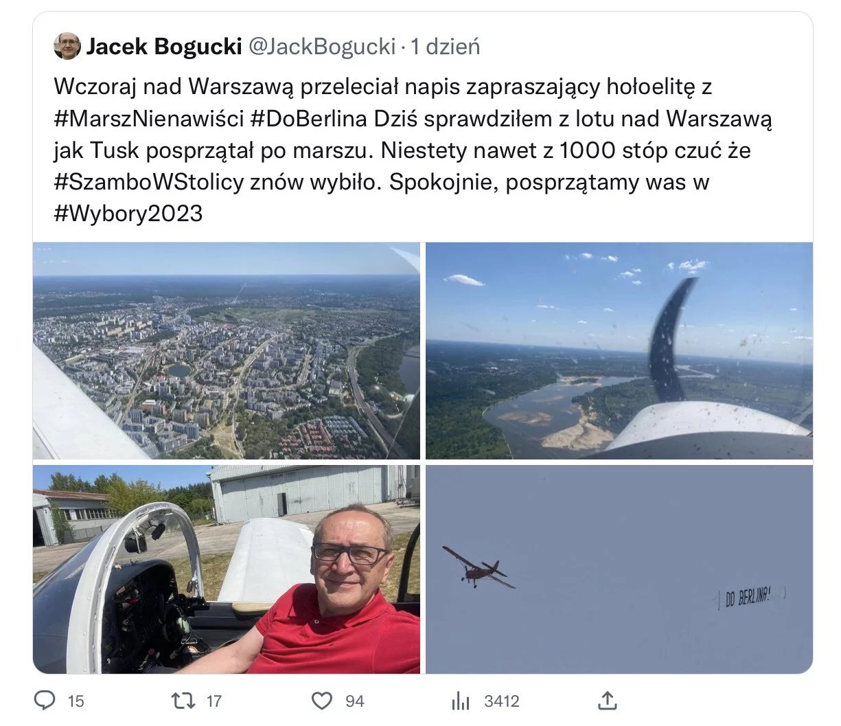 Skasowane już zdjęcia senatora PiS Jacka Boguckiego za sterami samolotu.