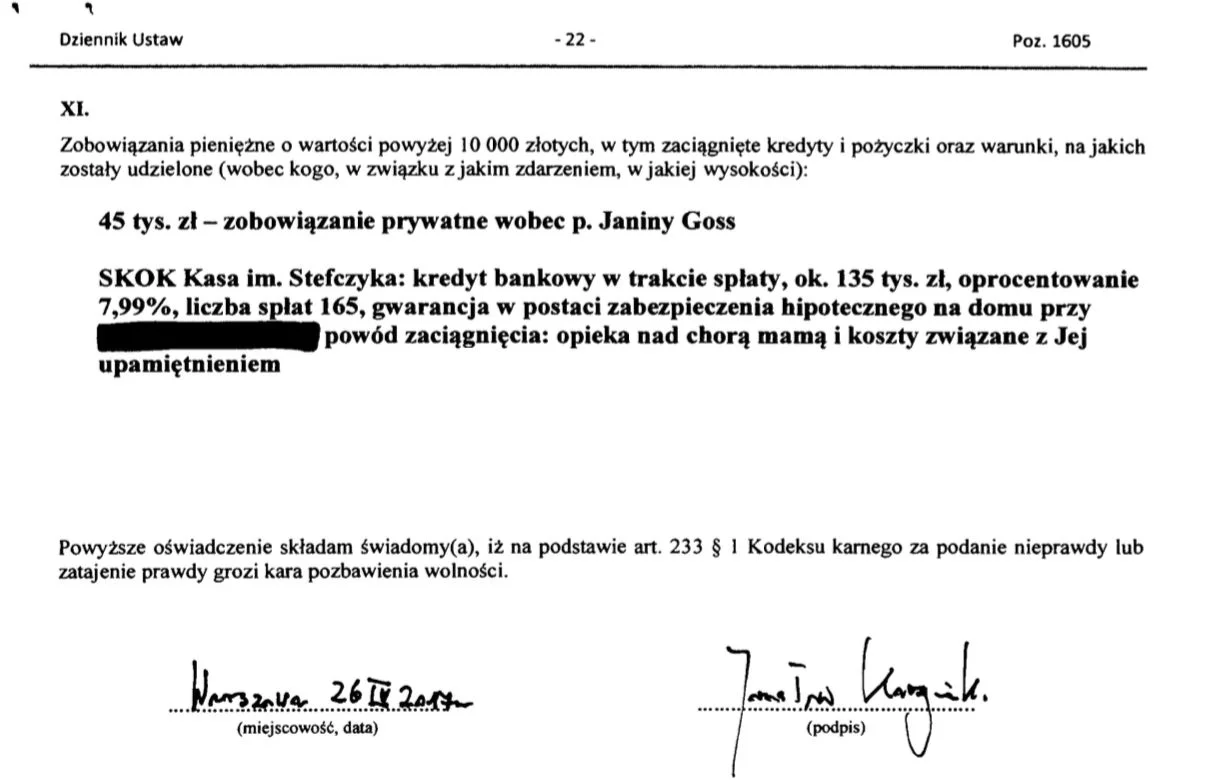 Jarosław Kaczyński posiada dług o wysokości 45 tys. złotych, który zaciągnął u Janiny Goss.