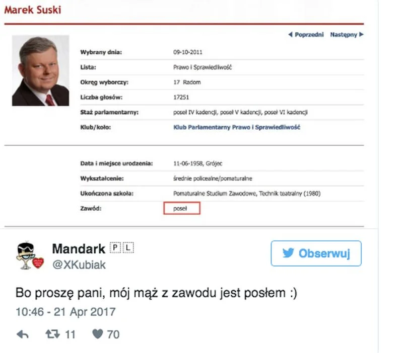 Marek Suski chwali się na stronie Sejmu, że z zawodu jest... posłem