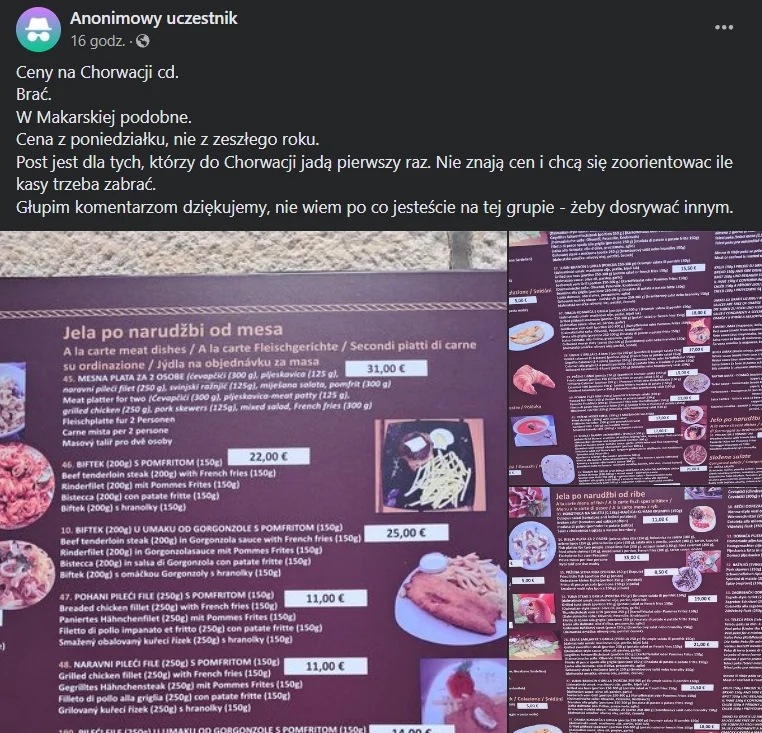 "To dla tych, którzy do Chorwacji jadą pierwszy raz". Pokazał ceny w restauracji "To dla tych, którzy do Chorwacji jadą pierwszy raz". Pokazał ceny w restauracji