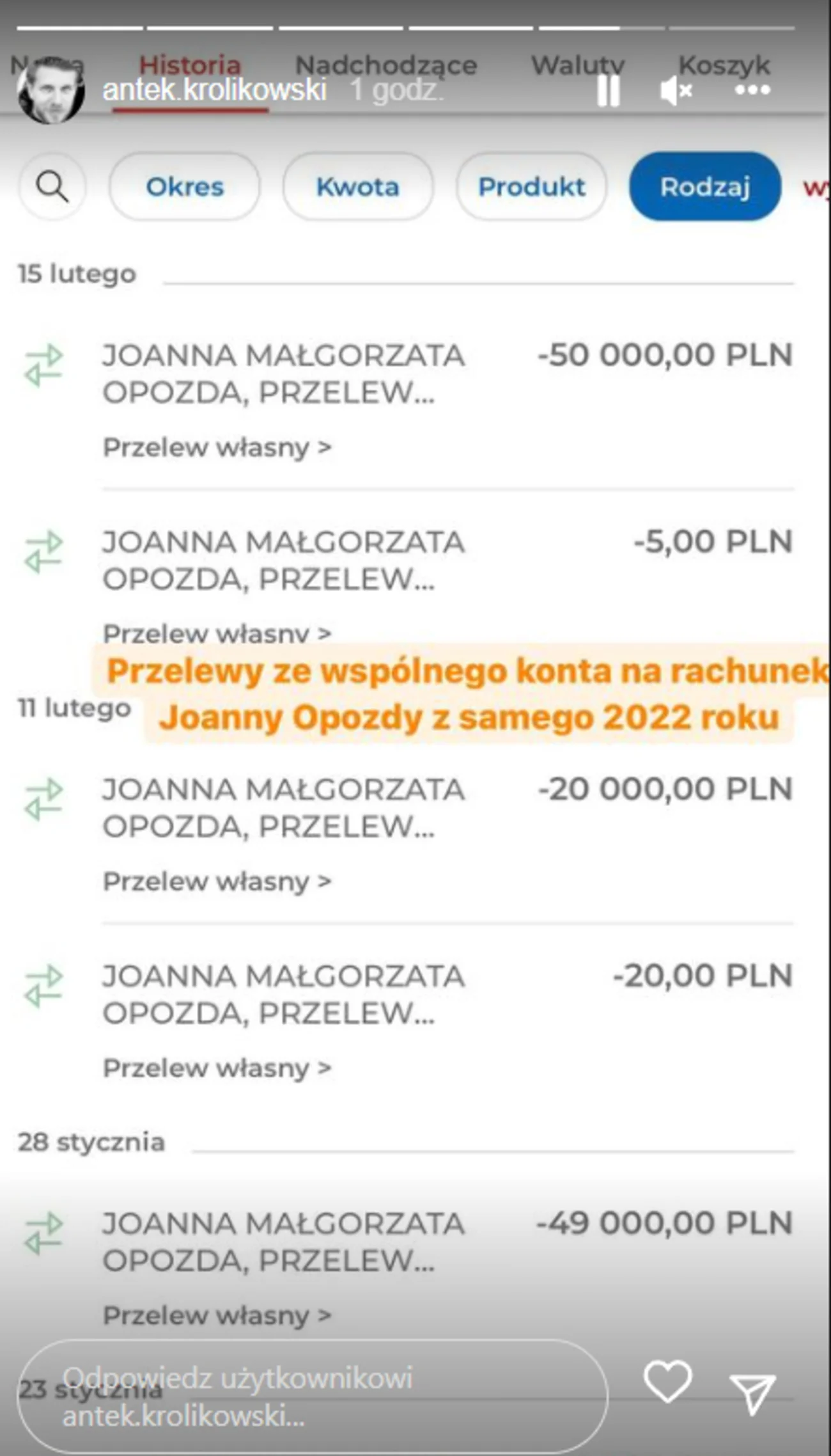 Królikowski pokazał wykaz transakcji z banku