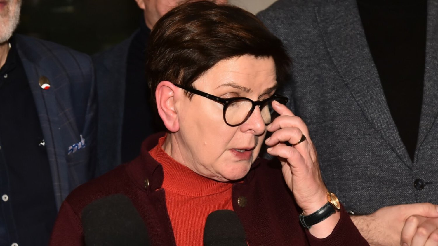Beata Szydło przed siedzibą PAP.