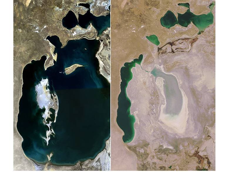 Jezioro Aralskie widziane z Kosmosu: w 1989 roku (po lewej) i w 2008 roku (po prawej)