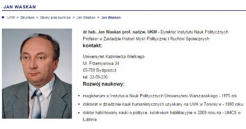 Prof. Jan Waskan nie widział nic złego w tym, że jego syn doktoryzował się w Instytucie, którego prof. jest szefem. Wykłada do dziś