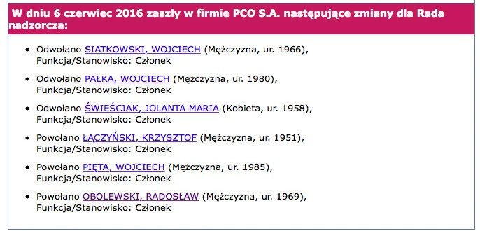 Radosław Obolewski według oficjalnych dokumentów KRS jest członkiem rady nadzorczej PCO SA.