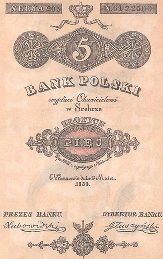 Bilety wypuszczane przez utworzony w 1828 roku Bank Polski.