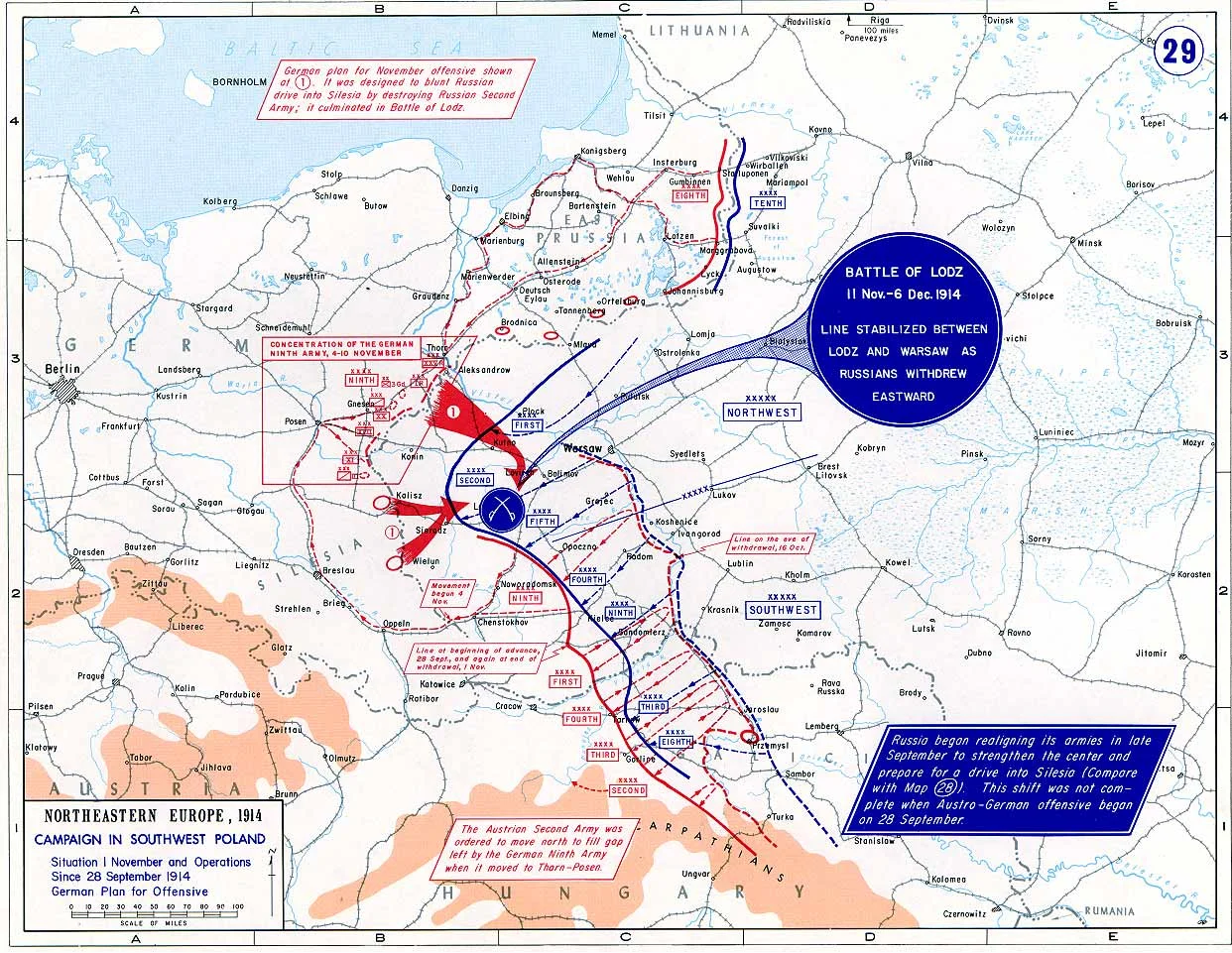 Mapa przedstawiająca ruchy wojsk w czasie Bitwy Łódzkiej. To była jedna z najkrwawszych batalii Wielkiej Wojny.