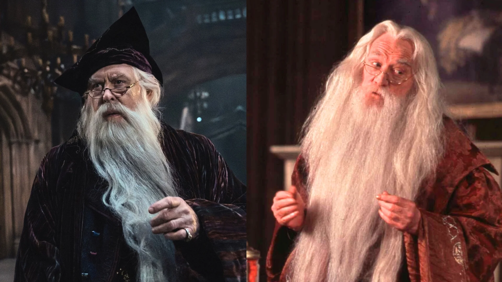 John Lithgow (po lewej) i Richard Harris (po prawej) w serialu i filmie "Harry Potter i Kamień Filozoficzny"