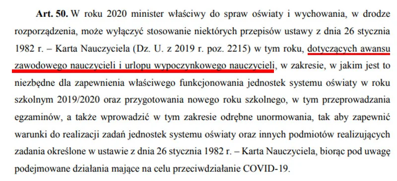 Zgodnie z projektem minister edukacji będzie mógł wyłączyć stosowanie przepisów dotyczących awansu zawodowego nauczycieli i urlopu wypoczynkowego nauczycieli.