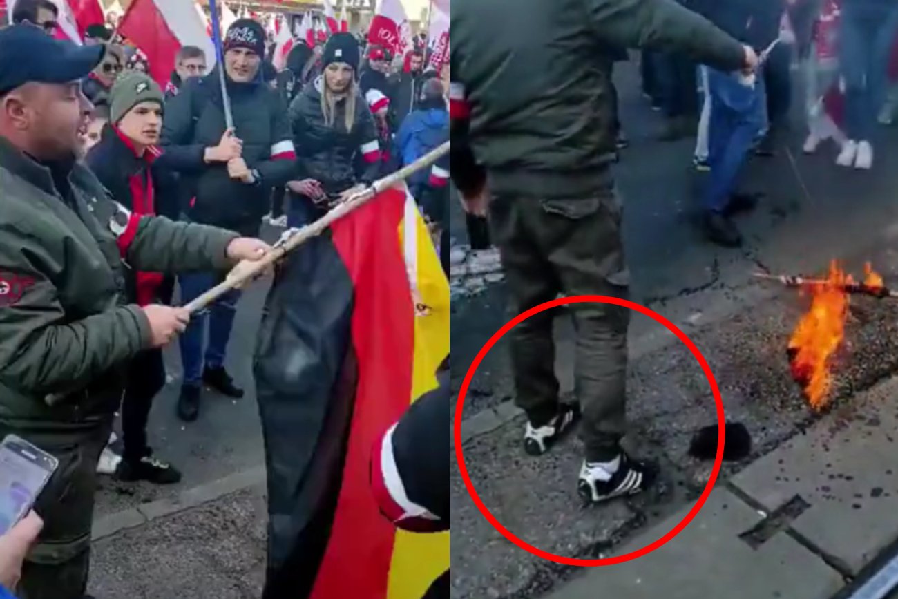 Podpalacz flagi Niemiec z Marszu Niepodległości 2021 miał na tę imprezę przyszedł w butach słynnej niemieckiej marki Adidas.
