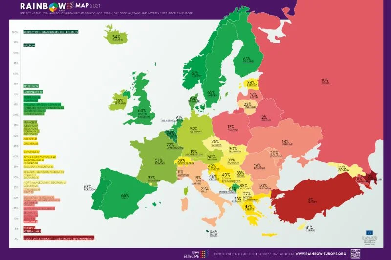ILGA-Europe 2021 wyniki rankingu i mapa homo- i transfobii w Europie.