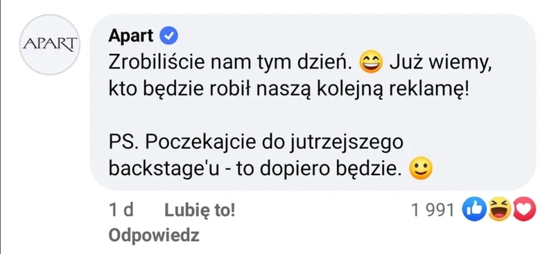 Komentarz pod parodią na Facebooku / Apart