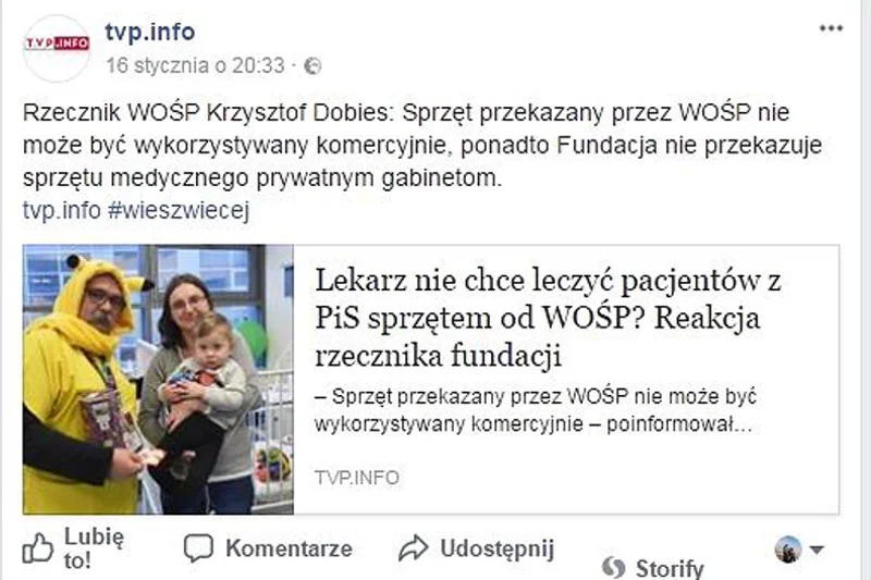 TVP Info zilustrowało materiał o zupełnie innym lekarzu zdjęciem profesora Mikołaja Spodaryka, który w stroju Pikachu zbierał pieniądze dla WOŚP w prokocimskim szpitalu.