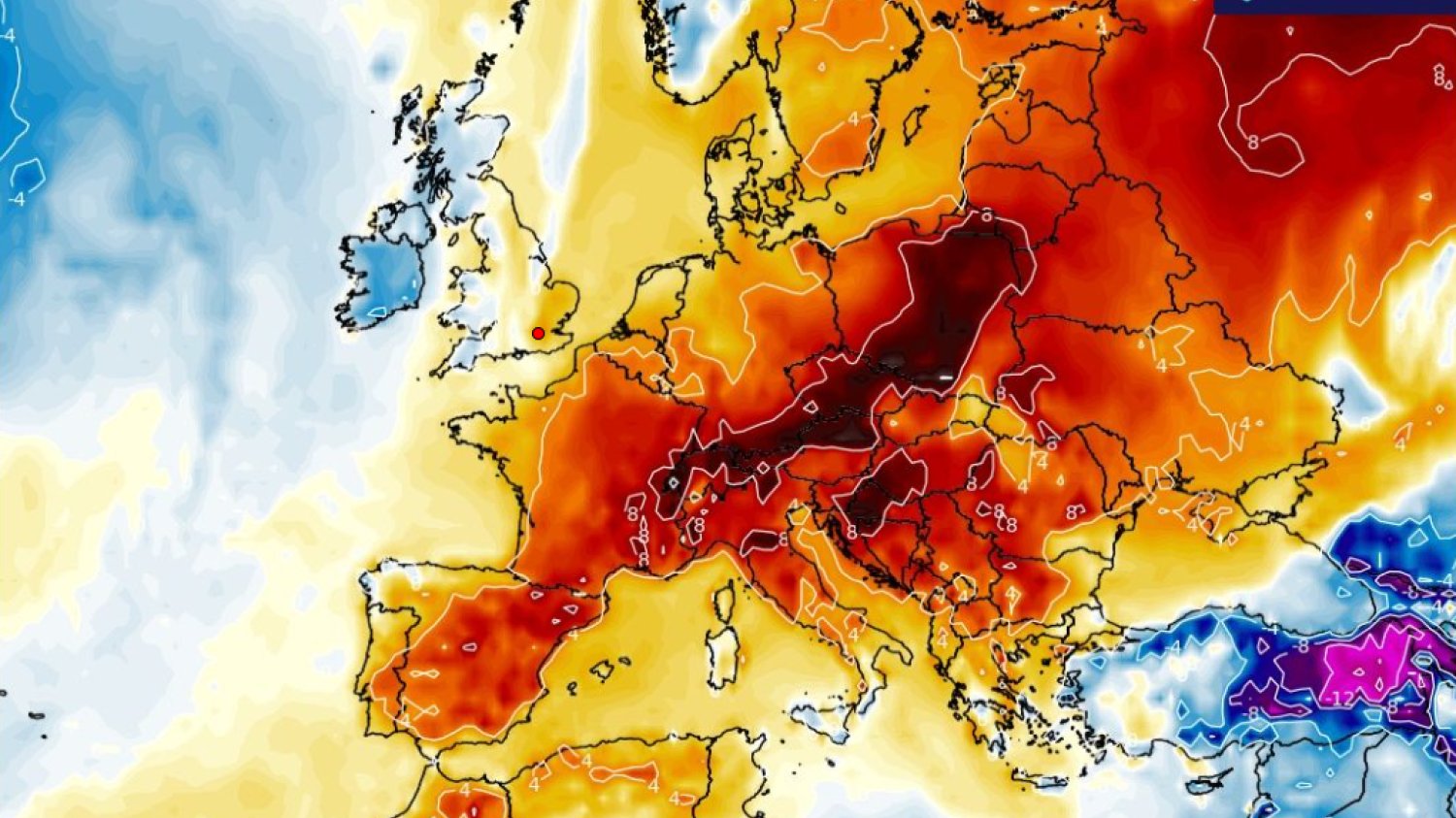 Prognoza pogody na koniec lutego jasno pokazuje wybuch ciepła. Symulacja anomalii temperatury na 26 lutego w Europie. Jak widać, w Polsce będzie ona największa.