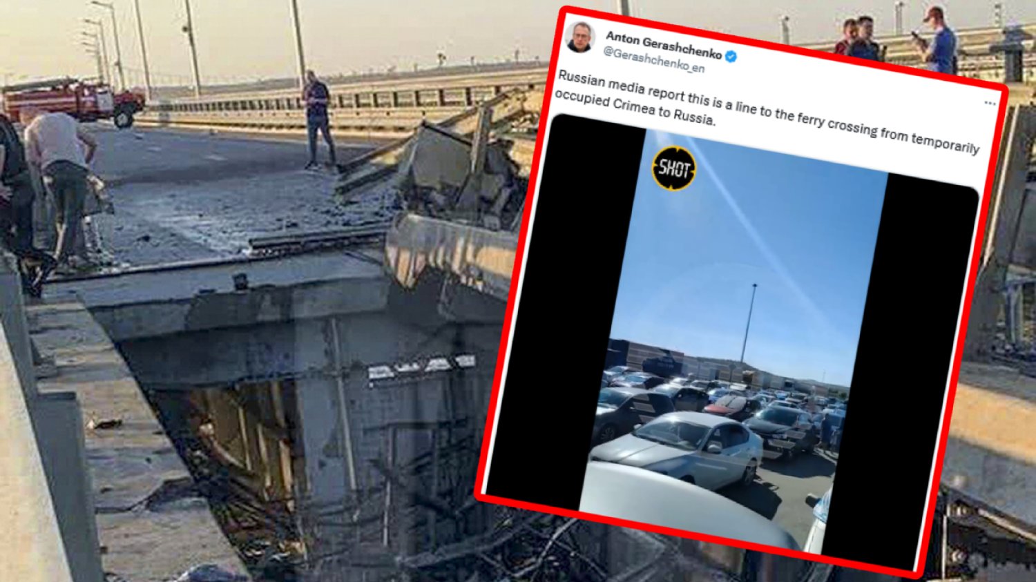 Potężne kolejki przed przeprawą promową po wysadzeniu mostu Krymskiego
