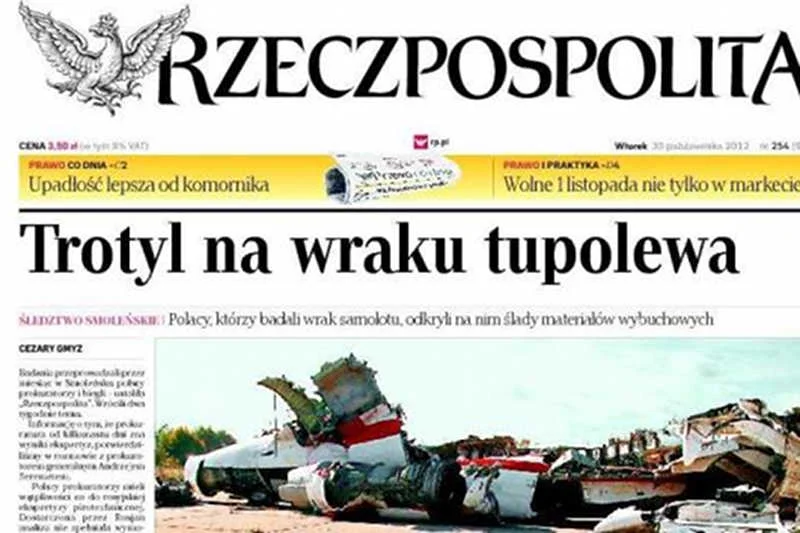 Pierwsza strona "Rzeczpospolitej" z informacją o znalezieniu trotylu na wraku Tupolewa