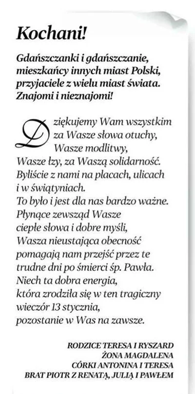 Rodzina Pawła Adamowicza opublikowała w prasie podziękowania