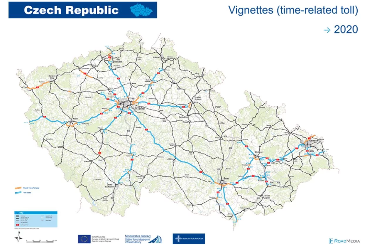 Mapa dróg w Czechach, na których winiety są obowiązkowe