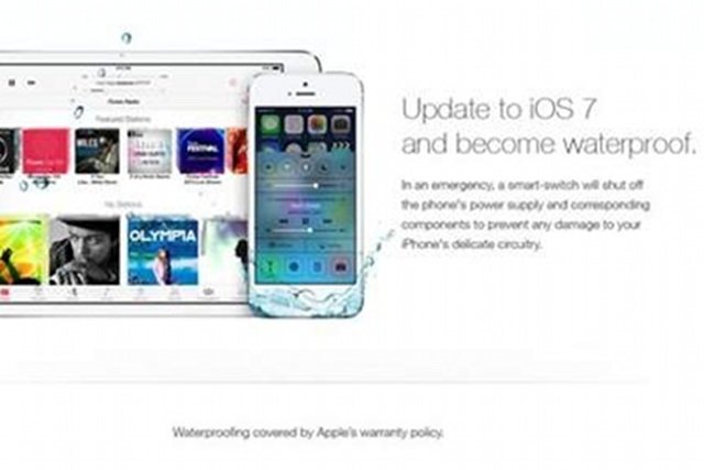 Fragment "reklamy" systemu iOS 7, która przekonuje, iż nowa wersja systemu operacyjnego Apple'a zapewnia iPhone'om i iPadom wodoodporność