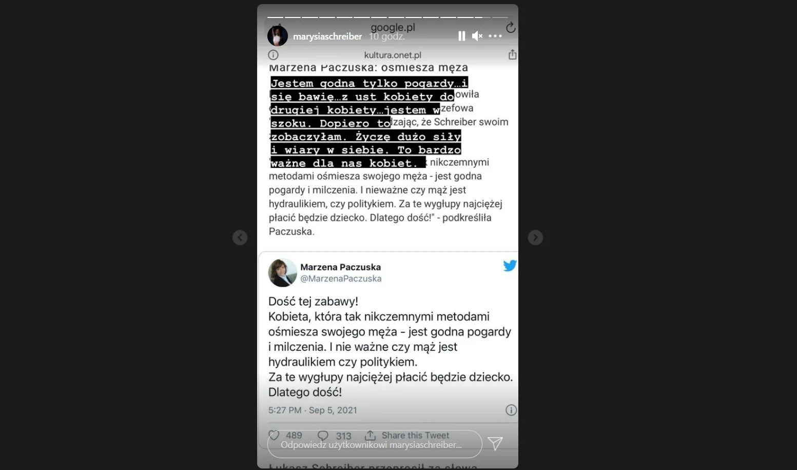 Reakcja Marianny Schreiber na krytykę Paczuskiej.