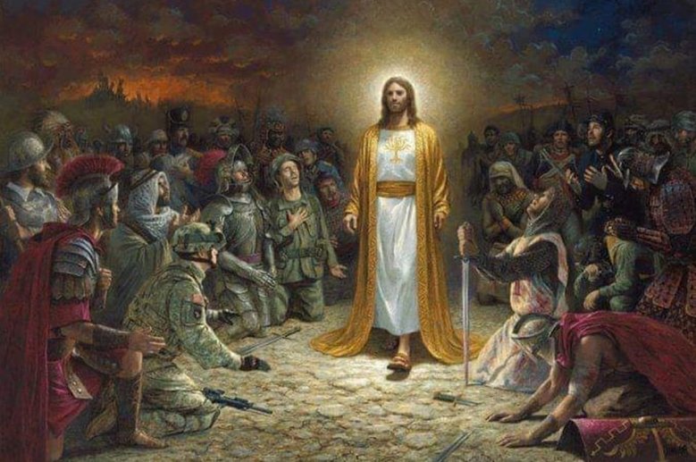 Grafika ukazująca Jezusa pośród żołnierzy walczących we wszystkich wojnach.