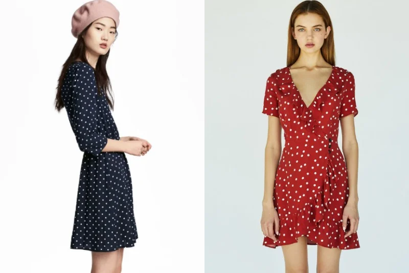 Kopertowa sukienka świetnie kształtuje sylwetkę, optycznie ją wysmuklając i uwydatniając wcięcie w talii. Sukienka granatowa, H&M: 41, 90 zł, sukienka czerwona, Berska: 79,90 zł