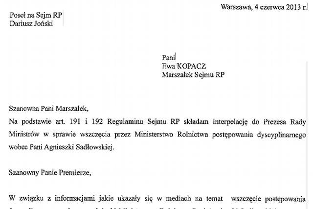 Fragment interpelacji posła SLD Dariusza Jońskiego dotyczącej sprawy Agnieszki Sadłowskiej
