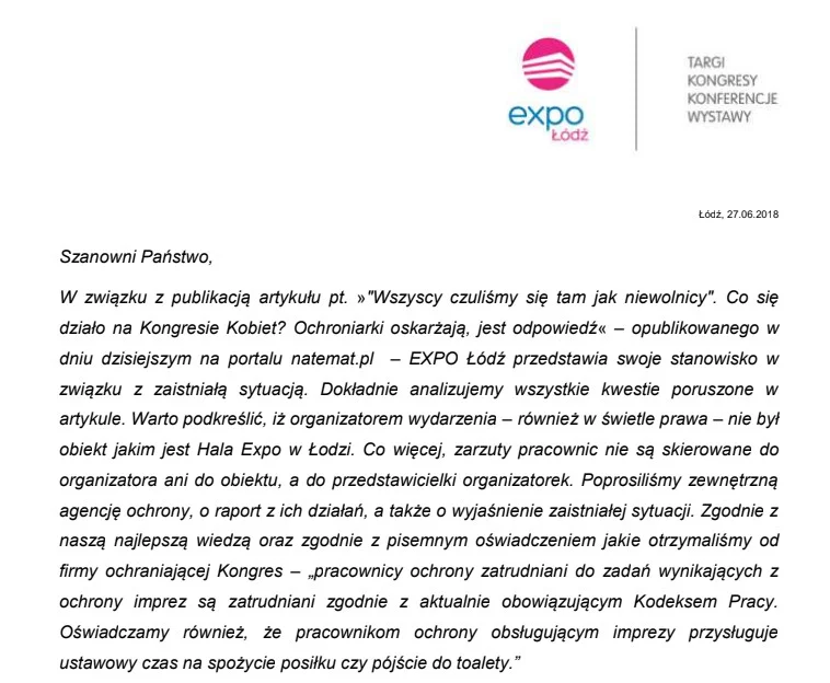 Oświadczenie EXPO Łódź.