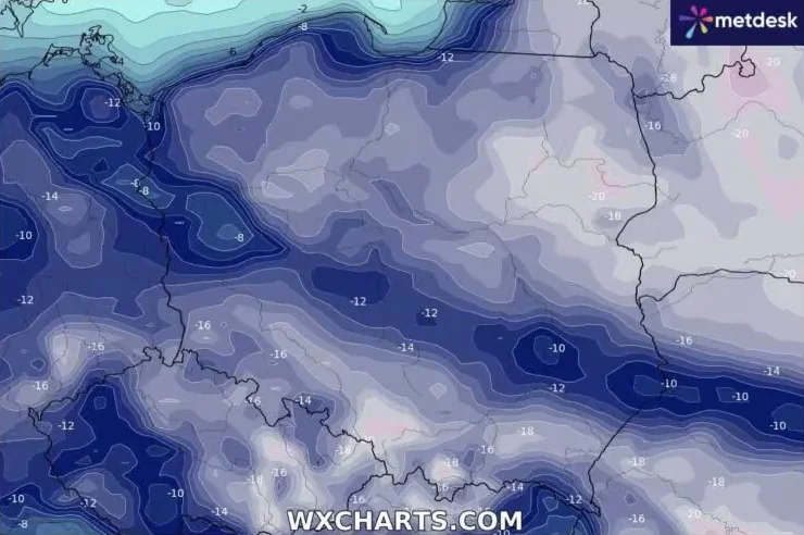 Zima termiczna wkroczy do Polski. Na grafice prognozowany mróz na 18 lutego.
