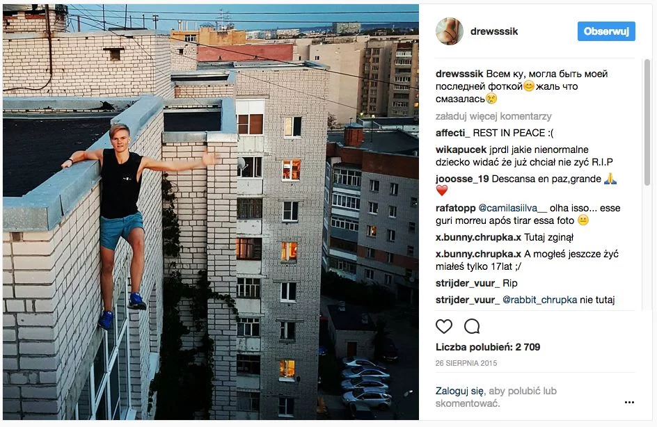 Ten 17-latek z Rosji zginął robiąc sobie "ostateczne selfie". Powyższe zdjęcie zrobił tydzień przed śmiercią.