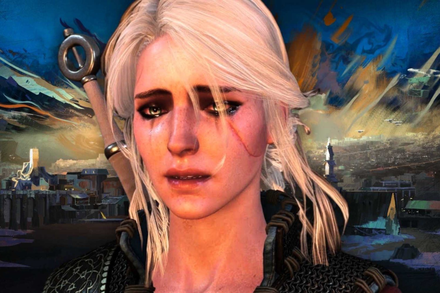 Ciri z gry Wiedźmin 3: Dziki Gon, a w tle kadr z Disco Elysium