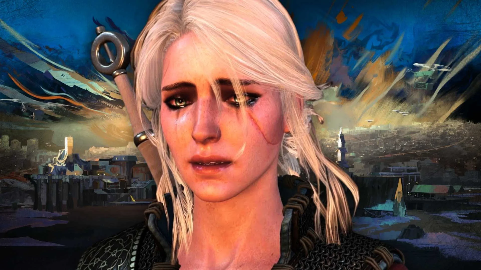 Ciri z gry Wiedźmin 3: Dziki Gon, a w tle kadr z Disco Elysium