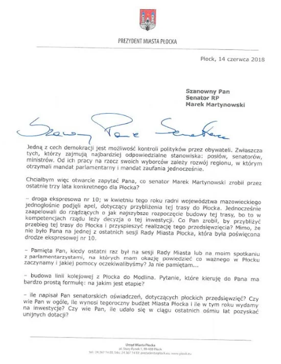 Początek listu do senatora PiS.