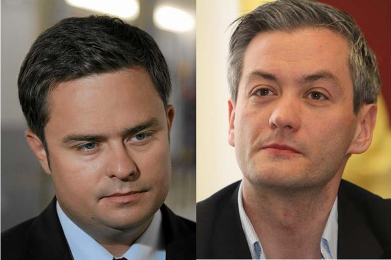 Poseł PiS Adam Hofman i Robert Biedroń z Ruchu Palikota