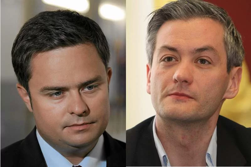 Poseł PiS Adam Hofman i Robert Biedroń z Ruchu Palikota
