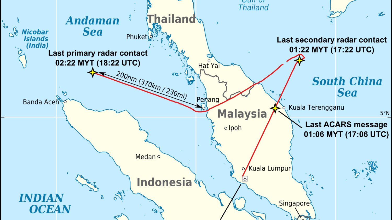 Jeden z prawdopodobnych kursów samolotu MH370.