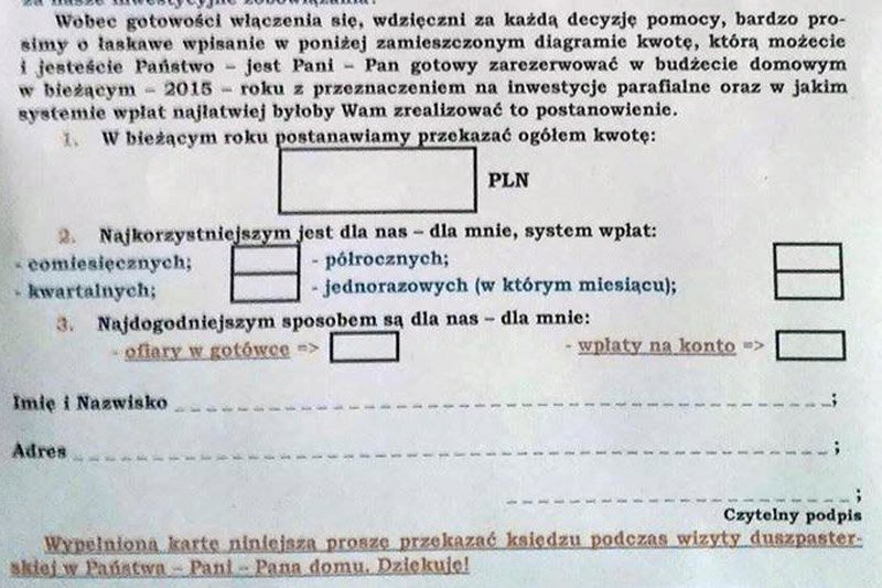 Tego typu dokumenty przed kolędą muszą wypełnić wierni z niektórych polskich parafii.