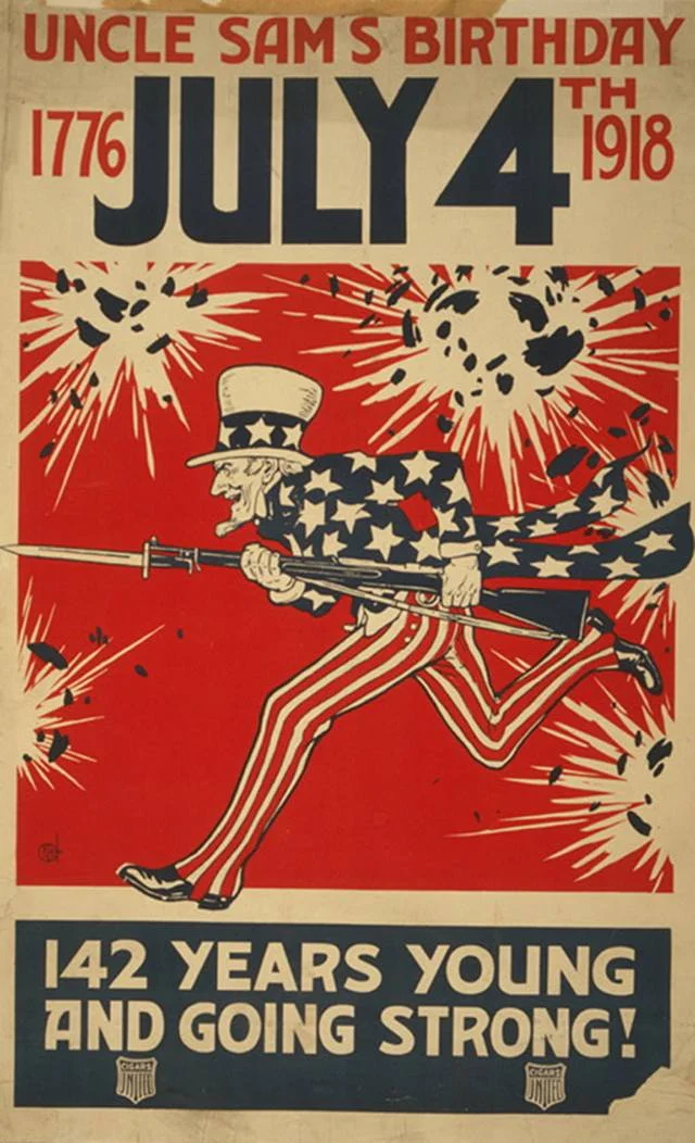 Rok 1918. Plakat upamiętniający 142. rocznicę deklaracji niepodległości Stanów Zjednoczonych. Wuj Sam wciąż jest młody i silny